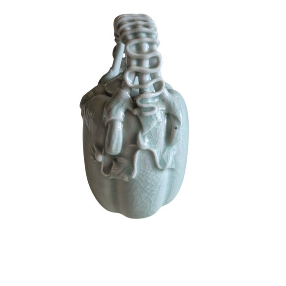 Chinese VTG Porcelain Crackle Celedon Glazed Pumpkin Squash Leaf Tea Pot Kettle - Picture 2 of 5